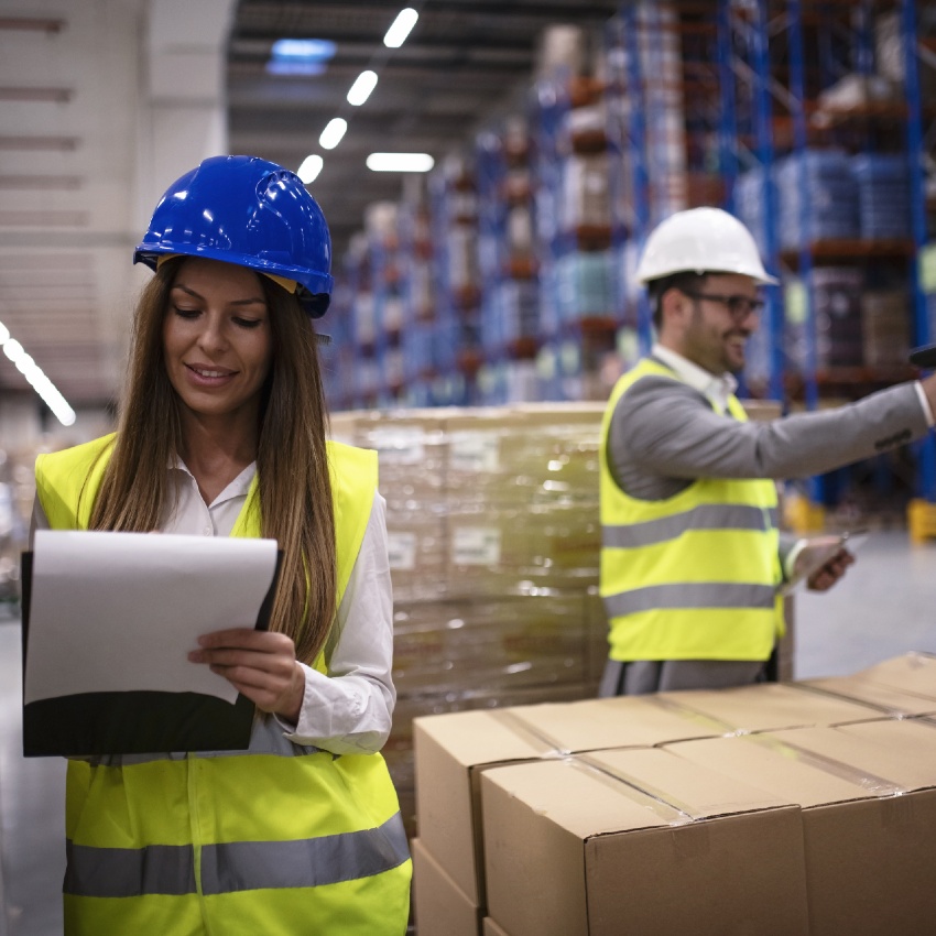 Deux employés comptabilisent le stock de matériel d'un entrepôt